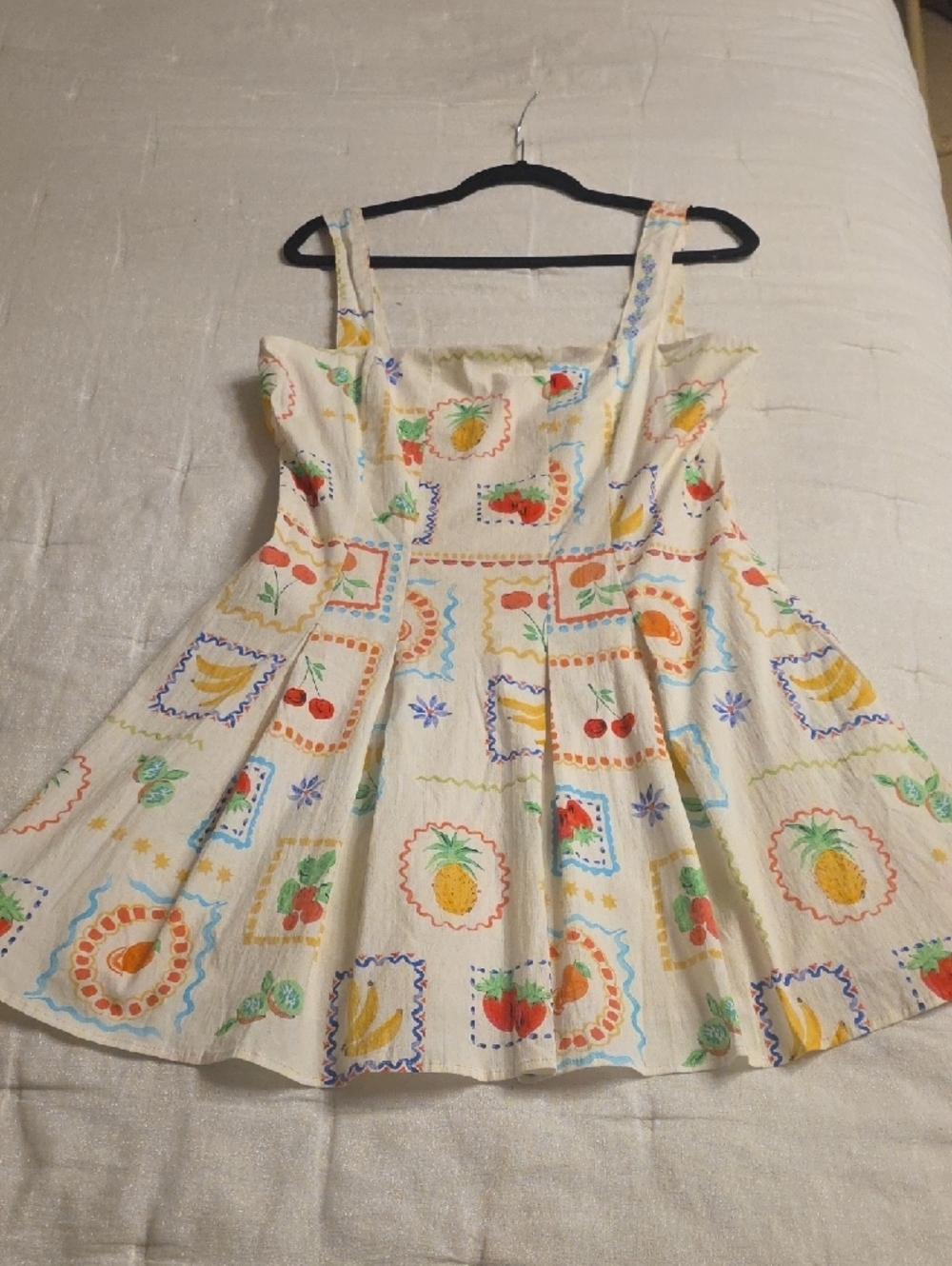 Avec Les Filles White Cotton Fruit-Print Flared Mini Dress Size 14 - Picture 9 of 16
